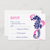 シーホースと海藻ブルー、ホットピンクの結婚式RSVP 出欠カード (正面/裏面)