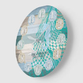 シーホースと砂ドルビーチウッド – 青ティール(緑がかった色) ラージ壁時計 (傾斜)