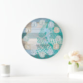 シーホースと砂ドルビーチウッド – 青ティール(緑がかった色) ラージ壁時計 (ホーム)