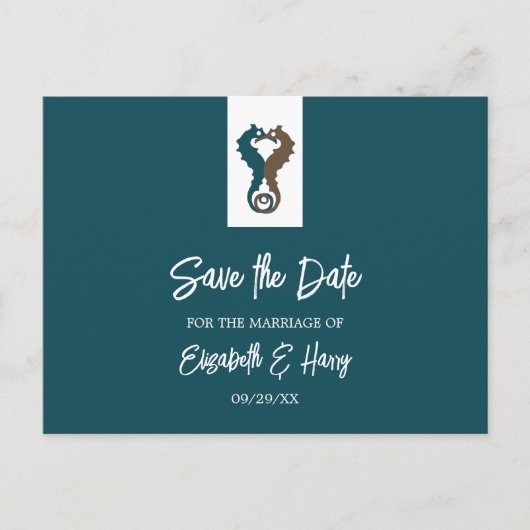 シーホースのロマンス、ビーチ結婚式の日付を保存 ポストカード (正面)
