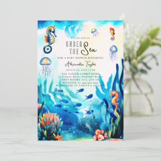 シーホースの下でクラゲかわいい赤ちゃんシャワー 招待状 (スタンド正面)