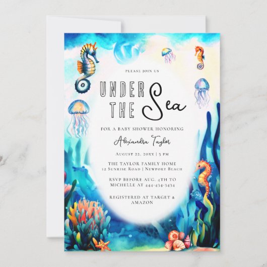 シーホースの下で可愛い海赤ちゃんシャワー 招待状 (正面)