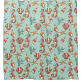 シーホースアンドシーシェルパターンティール（緑がかった色） シャワーカーテン (正面)