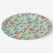 シーホースアンドシーシェルパターンティール（緑がかった色） ペーパープレート (アングル)