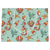 シーホースアンドシーシェルパターンティール（緑がかった色） ラージペーパーバッグ (正面)