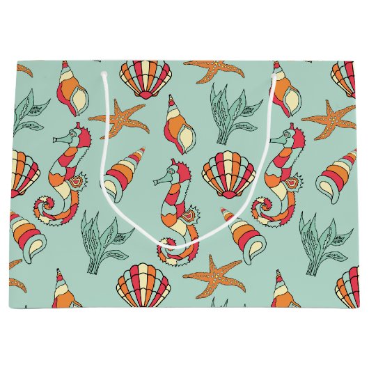 シーホースアンドシーシェルパターンティール（緑がかった色） ラージペーパーバッグ (正面)