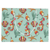 シーホースアンドシーシェルパターンティール（緑がかった色） ラージペーパーバッグ (裏面)
