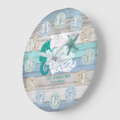 シーホースアンドビーチウッ航海のドブルーティール(緑がかった色)ラージ ラージ壁時計 (傾斜)