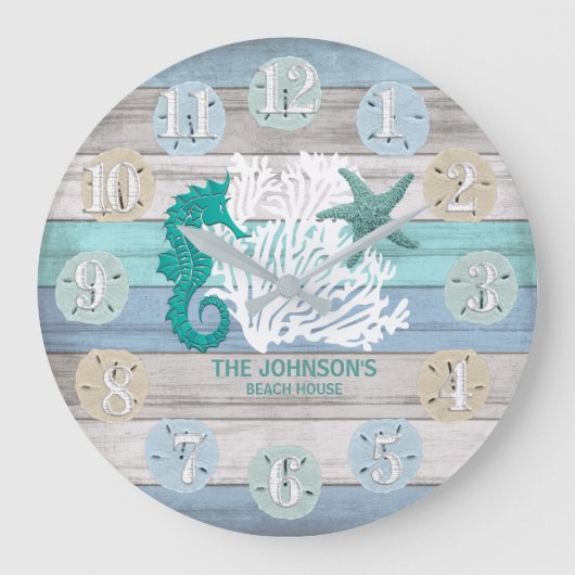 シーホースアンドビーチウッ航海のドブルーティール(緑がかった色)ラージ ラージ壁時計 (正面)