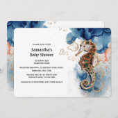 シーホースイラストレーションネイビー金ゴールド水色 招待状 (正面/裏面)