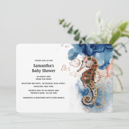 シーホースイラストレーションネイビー金ゴールド水色 招待状 (スタンド正面)