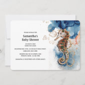 シーホースイラストレーションネイビー金ゴールド水色 招待状 (正面)