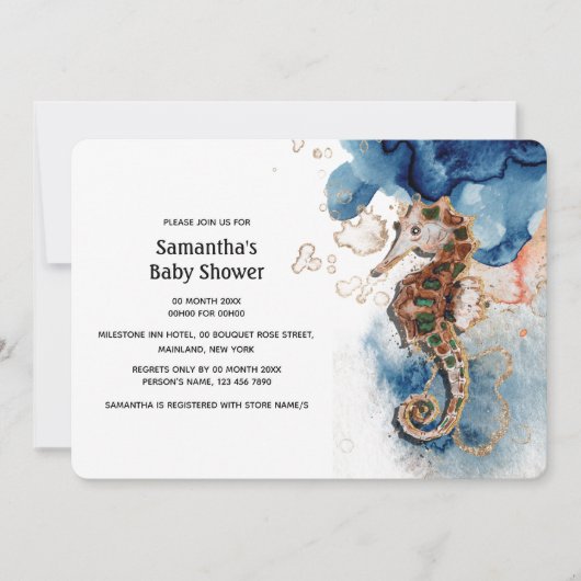 シーホースイラストレーションネイビー金ゴールド水色 招待状 (正面)