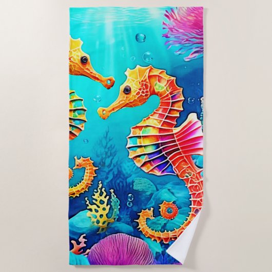 シーホースカラフルペアデザイン ビーチタオル (正面)