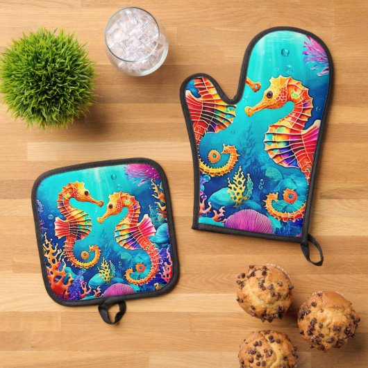 シーホースカラフルペアデザイン 鍋つかみ&鍋敷きセット (トップダウン)