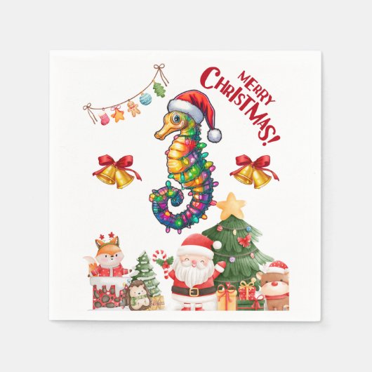 シーホースクリスマスハットクリスマス スタンダードカクテルナプキン (正面)