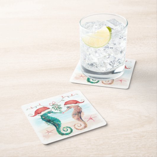 シーホースサンタコースタルクリスマスキスビーチ スクエアペーパーコースター (インサイチュ)