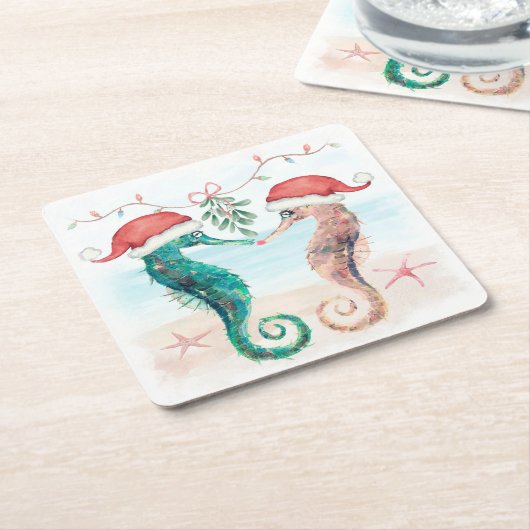 シーホースサンタコースタルクリスマスキスビーチ スクエアペーパーコースター (アングル)