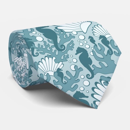 シーホースシェルコーラルパターンティール(緑がかった色)ネックタイ ネクタイ (ロール)