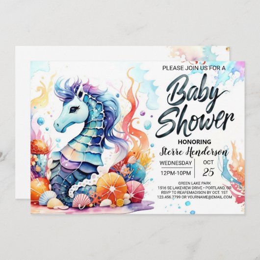 シーホースセレニティマリンライフベビーシャワー 招待状 (正面/裏面)