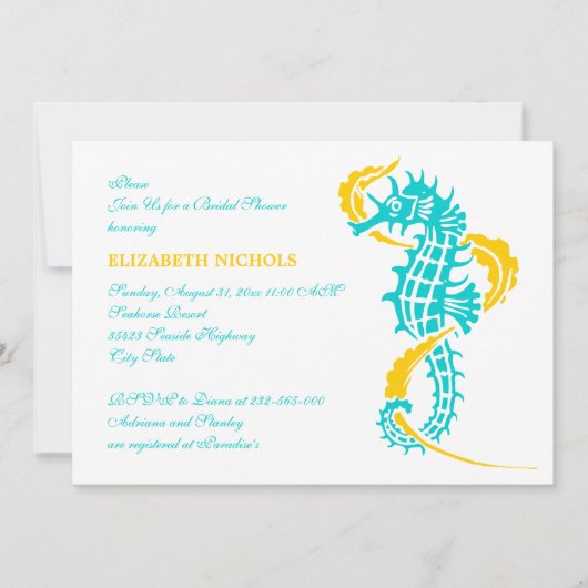 シーホースターコイズ、黄結婚色のブライダルシャワー 招待状 (正面)
