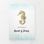 シーホースティール（緑がかった色）と金ゴールドウォーター結婚カラー 三つ折り招待状 (カバー)