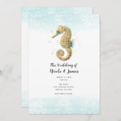 シーホースティール（緑がかった色）と金ゴールドウォーター結婚カラー 招待状 (正面/裏面)