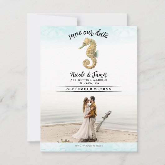 シーホースティール(緑がかった色)と金ゴールド水の色日付を保存 招待状 (正面)