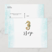 シーホースティール（緑がかった色）と金ゴールド水彩ウェディングRSVP 案内ポストカード (正面/裏面)