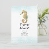 シーホースティール（緑がかった色）&金ゴールドウォーターカラースウィート16 招待状 (スタンド正面)