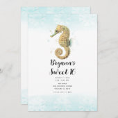 シーホースティール（緑がかった色）&金ゴールドウォーターカラースウィート16 招待状 (正面/裏面)