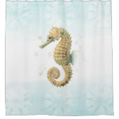 シーホースティール（緑がかった色）&金ゴールド水彩沿岸ビーチ シャワーカーテン (正面)
