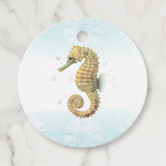 シーホースティール（緑がかった色）&金ゴールド水彩沿岸ビーチ フェイバータグ (正面)
