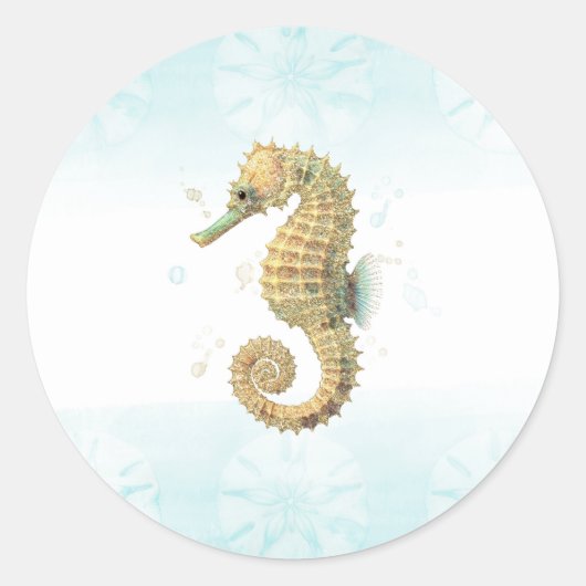シーホースティール（緑がかった色）&金ゴールド水彩沿岸ビーチ ラウンドシール (正面)