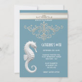 シーホーステーマ夏のビーチのバースデーブルーホワイト 招待状 (正面)