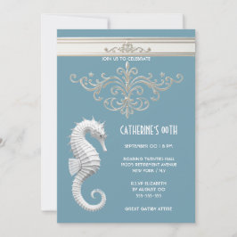 シーホーステーマ夏のビーチのバースデーブルーホワイト 招待状