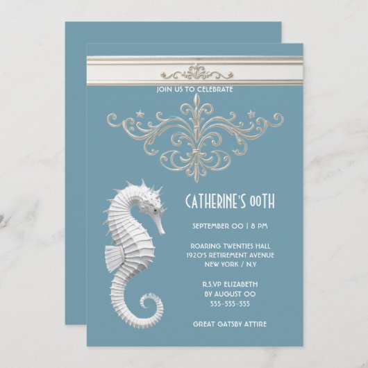 シーホーステーマ夏のビーチのバースデーブルーホワイト 招待状 (正面/裏面)