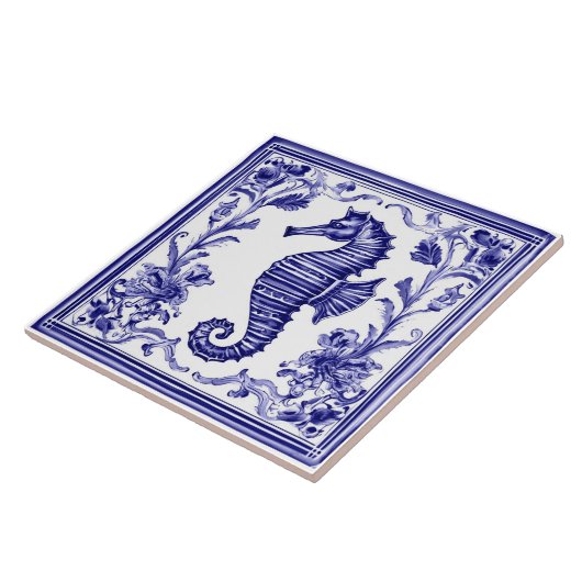 シーホースネイビーブルーアンドホワイトシー海ビーチハウス タイル (側面)