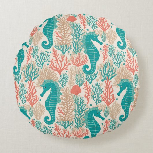 シーホースパターンティール（緑がかった色）オレンジ海洋生物ビーチイ ラウンドクッション (正面)