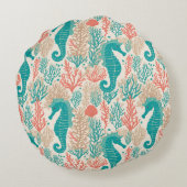 シーホースパターンティール（緑がかった色）オレンジ海洋生物ビーチイ ラウンドクッション (裏面)