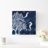 シーホースビーチハウスコーラルヴィンテージネイビーブルーホワイト スクエア壁時計 (ホーム)