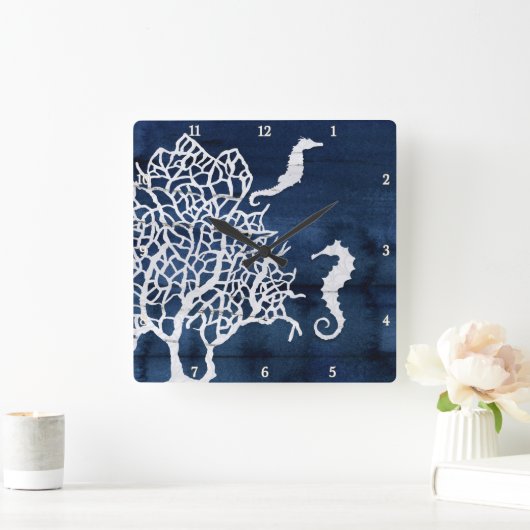 シーホースビーチハウスコーラルヴィンテージネイビーブルーホワイト スクエア壁時計 (ホーム)