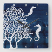 シーホースビーチハウスコーラルヴィンテージネイビーブルーホワイト スクエア壁時計 (正面)