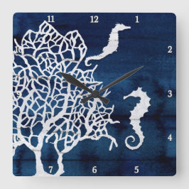 シーホースビーチハウスコーラルヴィンテージネイビーブルーホワイト スクエア壁時計