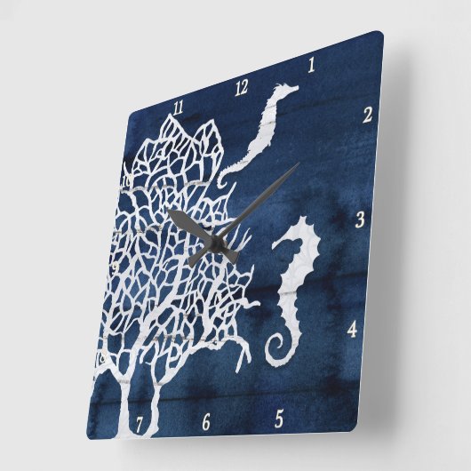 シーホースビーチハウスコーラルヴィンテージネイビーブルーホワイト スクエア壁時計 (傾斜)