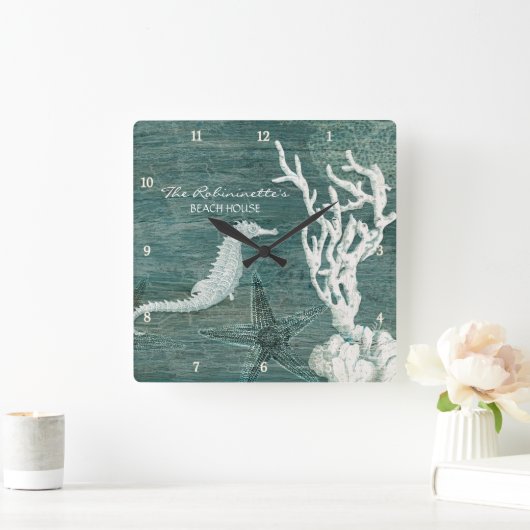 シーホースビーチハウスティール(緑がかった色)ブルードリフトウッドコースタル スクエア壁時計 (ホーム)