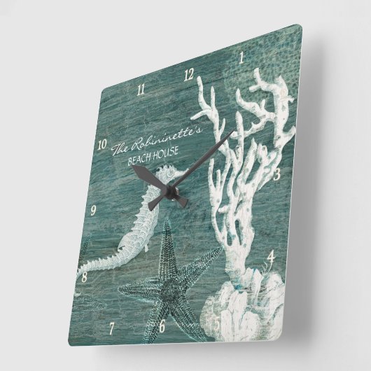 シーホースビーチハウスティール(緑がかった色)ブルードリフトウッドコースタル スクエア壁時計 (傾斜)