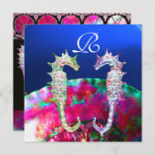 シーホースビーチ結婚式モノグラム、ピンクブルーブラック 招待状 (正面/裏面)