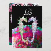 シーホースビーチ結婚式モノグラム、ピンクブルーブラック 招待状 (正面/裏面)