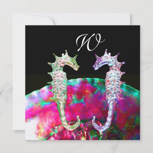 シーホースビーチ結婚式モノグラム、ピンクブルーブラック 招待状 (正面)